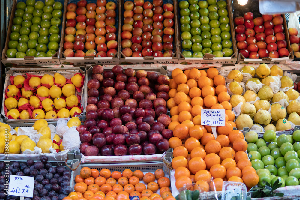 colorful fresh healthy fruits at the grocery counter