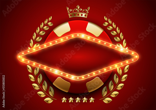 Murais de parede VIP poker luxury red gold chip, rhomboid frame shiny LED light bulbs vector casino logo