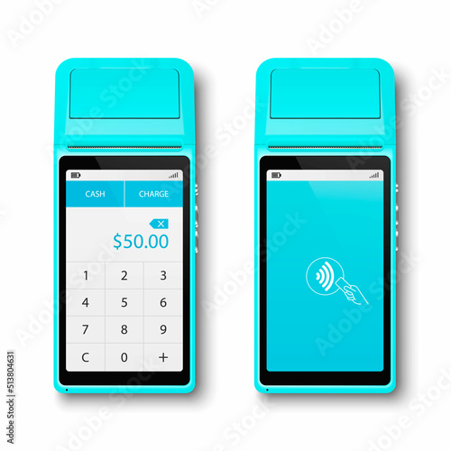 Vector 3d Orange NFC Payment Machine Set Isolated. Wi-fi, Wireless Payment. Screen with Amount and Wifi Sign. POS Terminal, Machine Design Template of Bank Payment Contactless Terminal, Mockup