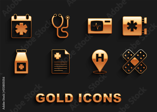 Set Patient record, Emergency - Star of Life, Crossed bandage plaster, Location hospital, Medicine bottle pills, Monitor with cardiogram, Doctor appointment and Stethoscope icon. Vector
