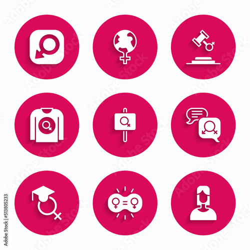 Set Feminist activist, Gender equality, Female, Teacher, shirt, rights and Male gender icon. Vector