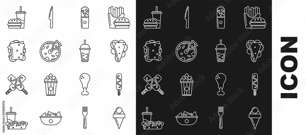 Set line Ice cream in waffle cone, Sandwich, Doner kebab, Pizza, Paper glass with drinking straw burger and Glass of lemonade icon. Vector Set line Ice cream in waffle cone, Sandwich, Doner kebab, Pizza, Paper glass with drinking straw burger and Glass of lemonade icon. Vector