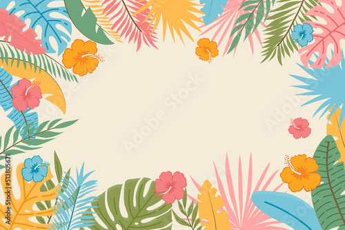 Summer vector banner with tropical leaves. Abstract summer poster with palm branches and hand drawn circles. Jungle plants background