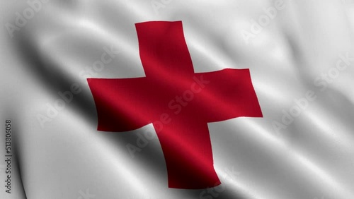 Animation of The International Red Cross and Red Crescent Movement Flag. Realistic Fabric Texture Satin Red Cross Flag Background Video Waving in Wind