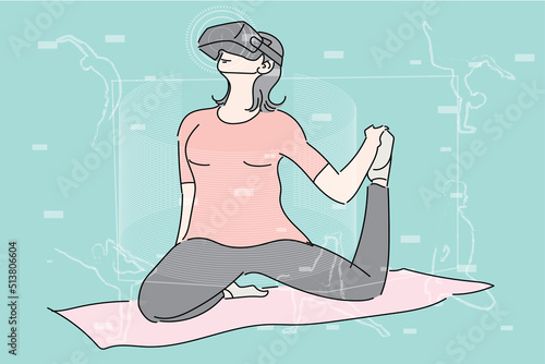 Young woman take yoga pose and exercise in virtual reality world. Flat design illustration