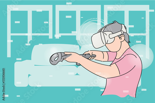 Kid playing shooting game with virtual reality. Flat design illustration