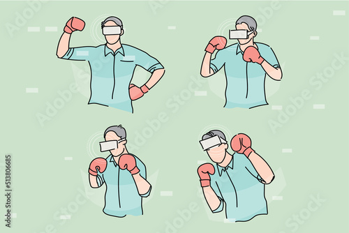 Man playing sport in virtual reality. Boxing in game. Flat design illustration