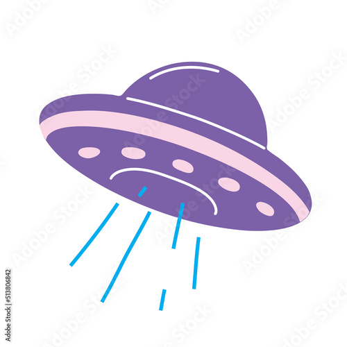UFO flying saucer, unidentified flying object with aliens. Purple Spaceship