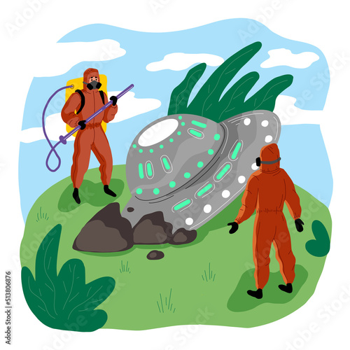 UFOs and aliens have been detected. The FBI found the spaceship. Men in protective suits