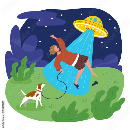 UFO kidnaps a man. An alien attack on earth. A flying saucer. walking with the dog