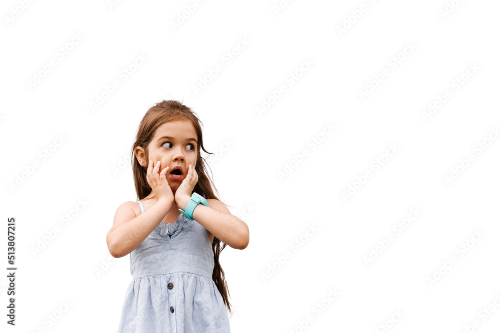 Scared child girl on a white background. Toddler stress and fears. Negative kid emotions. Scared child girl on a white background. Toddler stress and fears. Negative kid emotions.