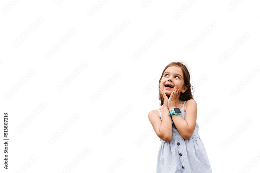 Curious adorable child girl on white background with empty place for advert. Interested kid toddler posing in studio. Curious adorable child girl on white background with empty place for advert. Interested kid toddler posing in studio.