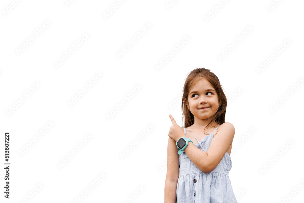 Adorable child girl pointing finger left on white background with blank space for advert. Creative idea for sale discount for children products. Adorable child girl pointing finger left on white background with blank space for advert. Creative idea for sale discount for children products.