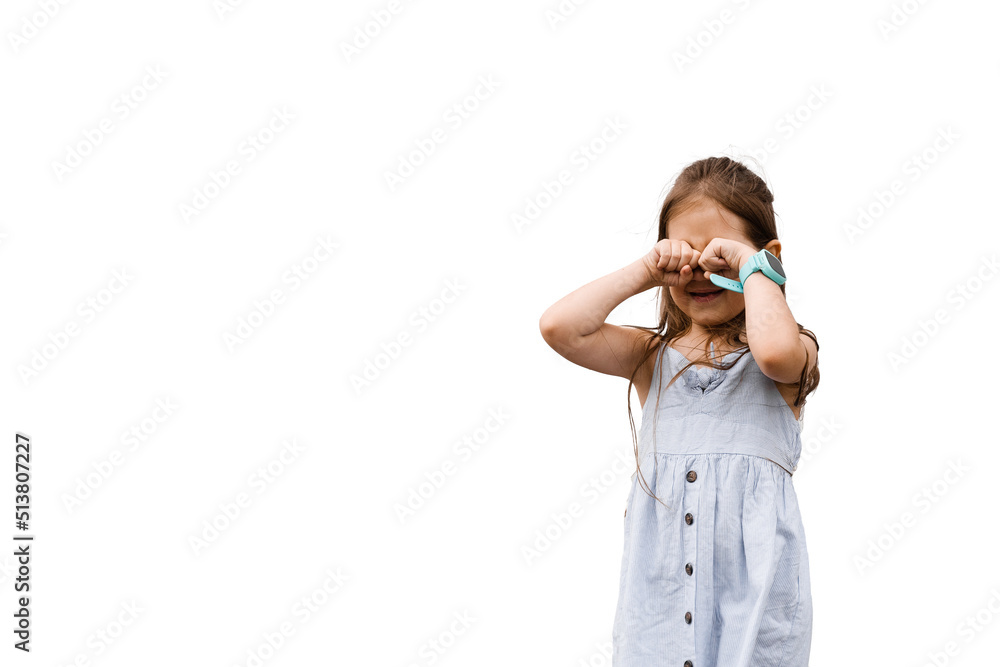 Weeping kid closes her face with hands. Adorable upset child girl crying on white background. Toddler problems. Weeping kid closes her face with hands. Adorable upset child girl crying on white background. Toddler problems.