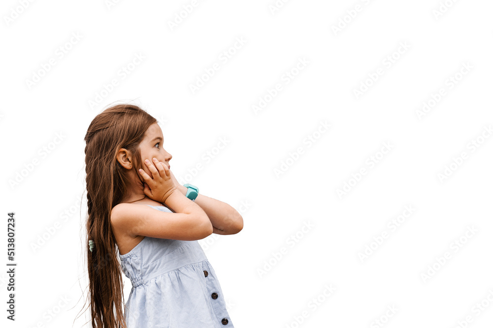 Scared child girl on a white background. Toddler stress and fears. Negative kid emotions. Scared child girl on a white background. Toddler stress and fears. Negative kid emotions.
