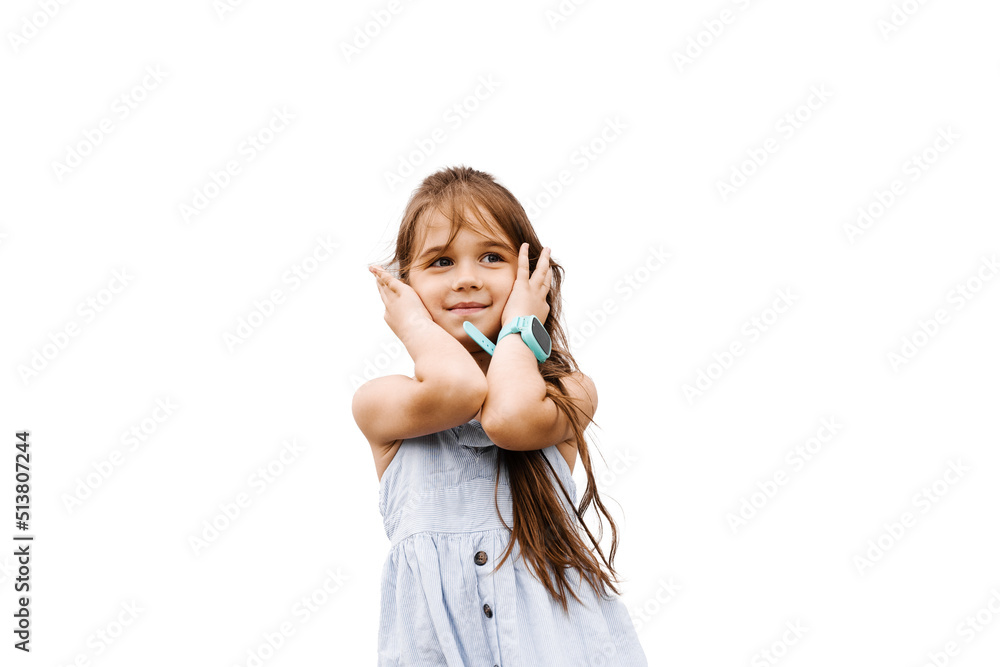 Upset child girl closes her ears because of quarrel her parents. Stressed kid on white background. Domestic social problems. Upset child girl closes her ears because of quarrel her parents. Stressed kid on white background. Domestic social problems.