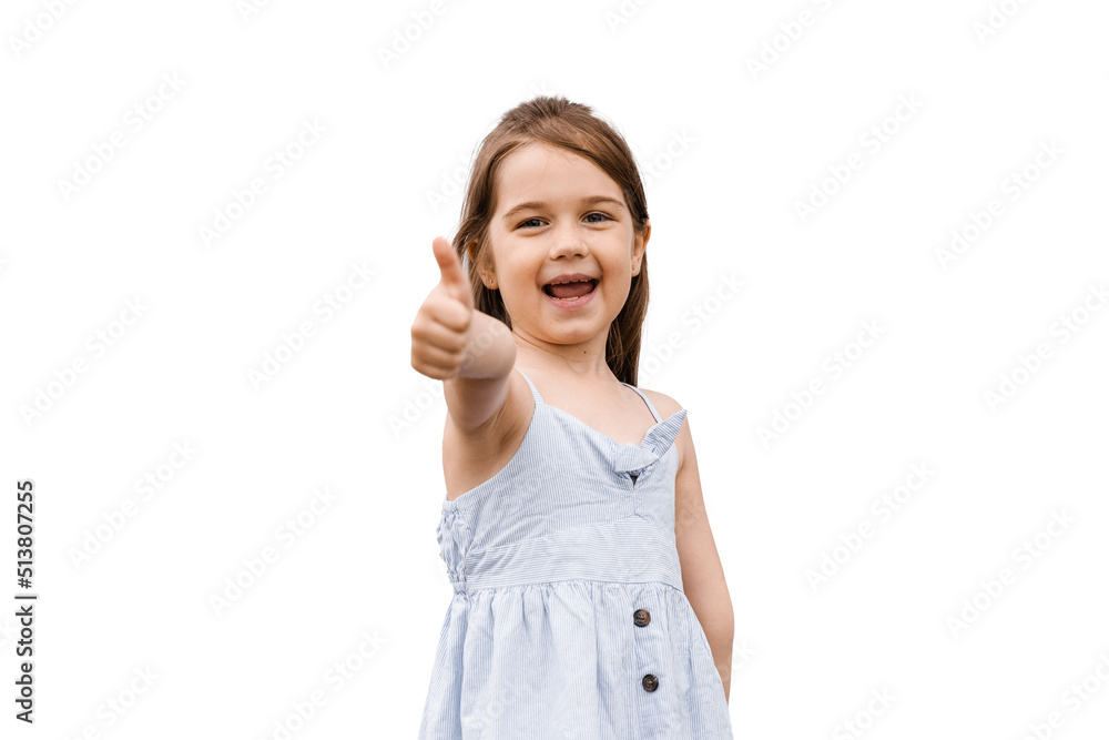 Adorable positive child girl smiling and shows thumbs up on white background in studio. Kids lifestyle and having fun. Lifestyle of happy toddler. Adorable positive child girl smiling and shows thumbs up on white background in studio. Kids lifestyle and having fun. Lifestyle of happy toddler.