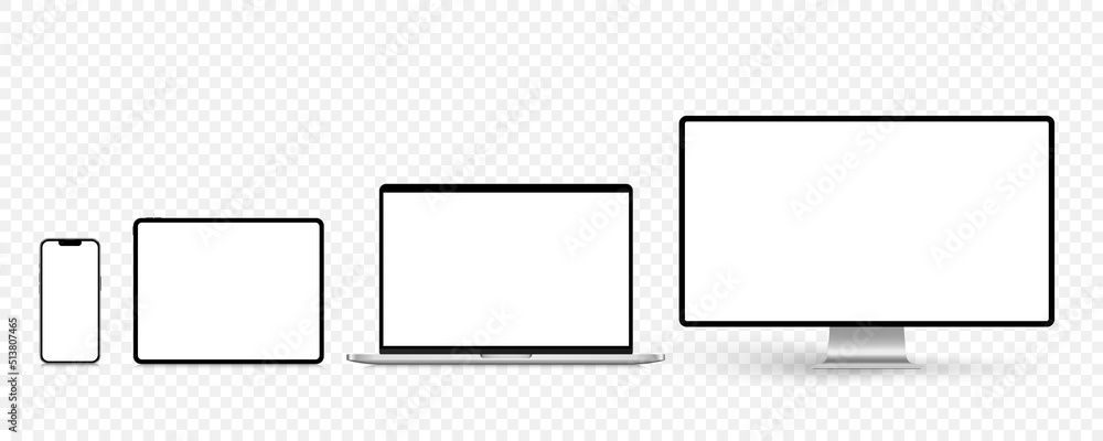 A set of isolated smart devices with blank screen: smartphone, tablet, laptop and desktop. Stock royalty free vector illustration