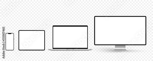 A set of isolated smart devices with blank screen: smartphone, tablet, laptop and desktop. Stock royalty free vector illustration