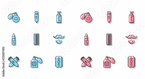 Set line Crossed electrical hair clipper or shaver, Aftershave, Blade razor, Hairbrush, Mustache and beard, Glass bottle with pipette and Electrical icon. Vector