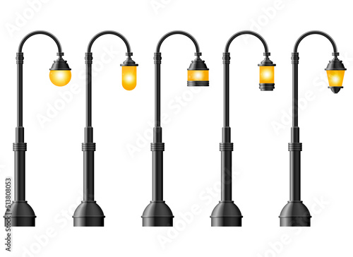 Set of black realistic street light. Street lamp. Vintage lamp