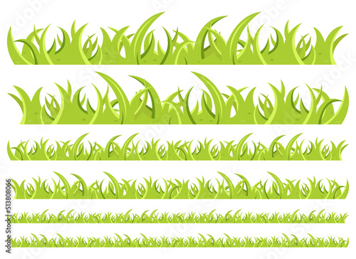 Set of green grass and leaves in cartoon style