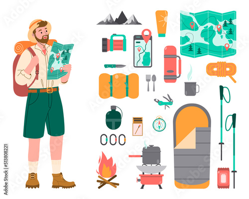 A set of hiking and camping equipment in the apartment.  Tourist guy with a tourist backpack. Vector illustration.