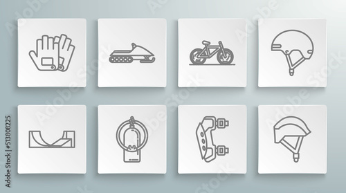Set line Skate park, Snowmobile, Aqualung, Knee pads, Bicycle helmet, Helmet and Gloves icon. Vector