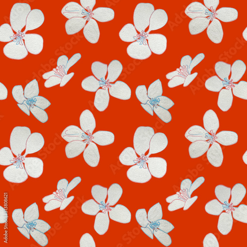 Seamless pattern white flower drawn with wax crayons on a red background. For fabric  sketchbook  wallpaper  wrapping paper.