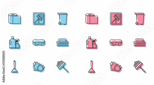 Set line Toilet plunger, Washing dishes, paper roll, Squeegee, scraper, wiper, Sponge, Brush for cleaning, Plastic bottles liquid dishwashing liquid and icon. Vector
