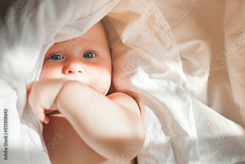 Cute little baby in the blanket. Infant Awake. Adorable child in the bed.