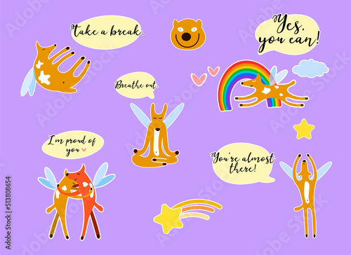 Sticker pack with a funny dog character and encouraging phrases, which can be used for messengers or as printable stickers.