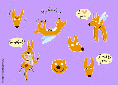 Sticker pack with a funny dog character and phrases, which can be used for messengers or as printable stickers.