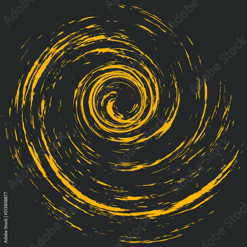Yellow grungy vortex shape. Distress grainy urban texture of stains, ink, dots, stripes, scratches. Retro grunge pattern. Design element for banner, poster, grungy effect, template