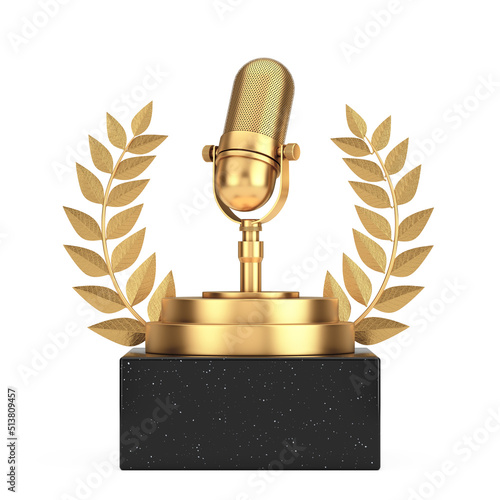 Winner Award Cube Gold Laurel Wreath Podium, Stage or Pedestal with Golden Microphone. 3d Rendering