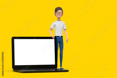 Cartoon Character Person Man with Modern Laptop Computer Notebook and Blank Screen for Your Design. 3d Rendering