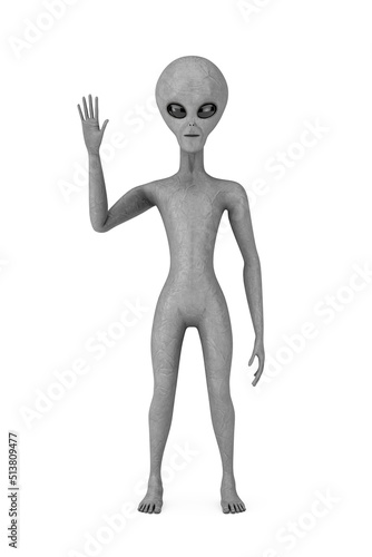 Scary Gray Humanoid Alien  Saying Hello and Waving with Hand. 3d Rendering