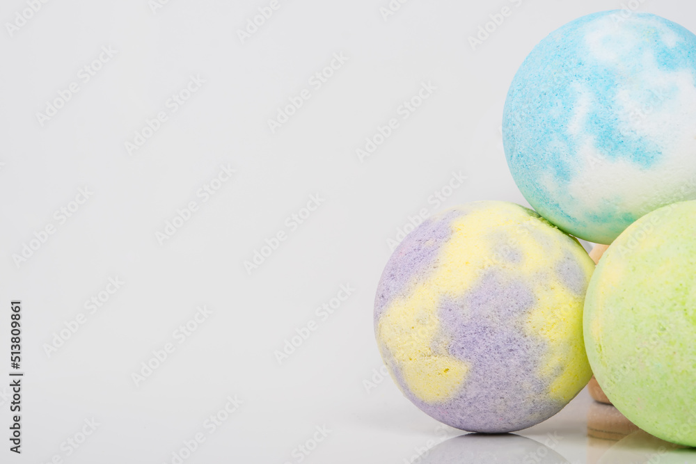 close-up of multicolored bath salts, in the form of bombs, there is a place for the inscription close-up of multicolored bath salts, in the form of bombs, there is a place for the inscription