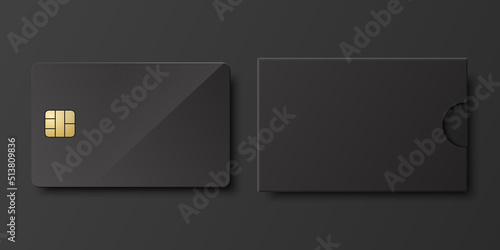 Vector 3d Realistic Black Blank Credit Card, Paper Wallet, Envelope, Packing Cower Isolated. Plastic Credit, Debit Card Design Template for Mockup, Branding. Credit Card Payment Concept. Front View