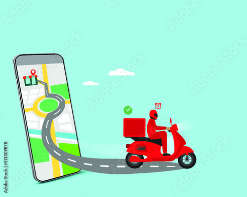 Fast delivery package by scooter on mobile phone. Order package in E-commerce by app. Tracking courier by map application. Vector illustration
