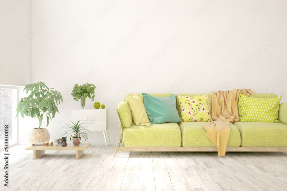 White living room with sofa. Scandinavian interior design. 3D illustration White living room with sofa. Scandinavian interior design. 3D illustration