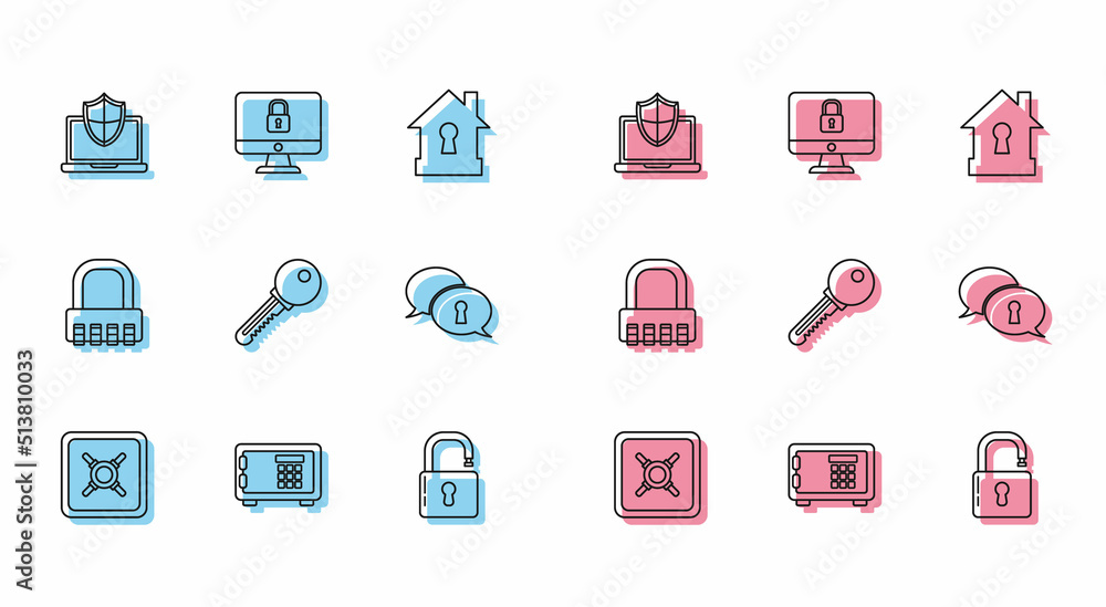 Set line Safe, Laptop protected with shield, Open padlock, Key, Protection of personal data, combination and Lock computer monitor screen icon. Vector