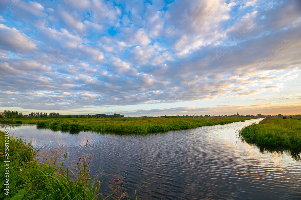 Fototapeta premium Altocumulus sheep clouds over water-filled ditches and grasslands in the Dutch countryside