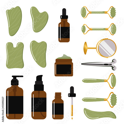 Big set of different gua sha stones and rollers are made of jade. Facial gua sha massage tools. Cosmetic set. Home beauty routine. Hand drawn vector illustration isolated on white background.