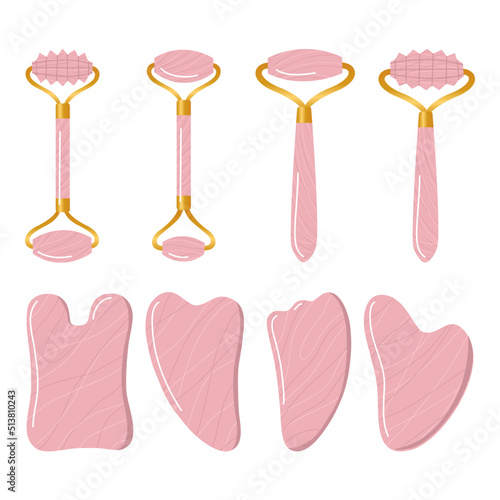 Big set of different gua sha stones and rollers are made of quartz. Facial gua sha massage tools. Chinese skin care. Home beauty routine. Hand drawn vector illustration isolated on white background.