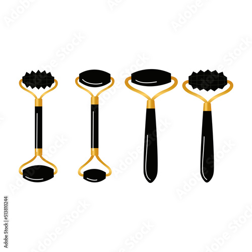 Big set of different gua sha stones and rollers are made of obsidian. Facial gua sha massage tools. Chinese skin care. Home beauty routine. Hand drawn vector illustration isolated on white background.