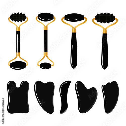 Big set of different gua sha stones and rollers are made of obsidian. Facial gua sha massage tools. Chinese skin care. Home beauty routine. Hand drawn vector illustration isolated on white background.