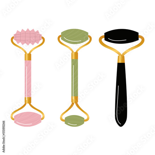 Big set of different gua sha stones and rollers are made of obsidian, quartz, jade. Facial gua sha massage tools. Home beauty routine. Hand drawn vector illustration isolated on white background.