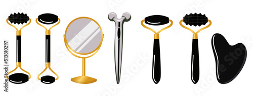 Big set of different gua sha stones and rollers are made of obsidian. Facial gua sha massage tools. Chinese skin care. Home beauty routine. Hand drawn vector illustration isolated on white background.