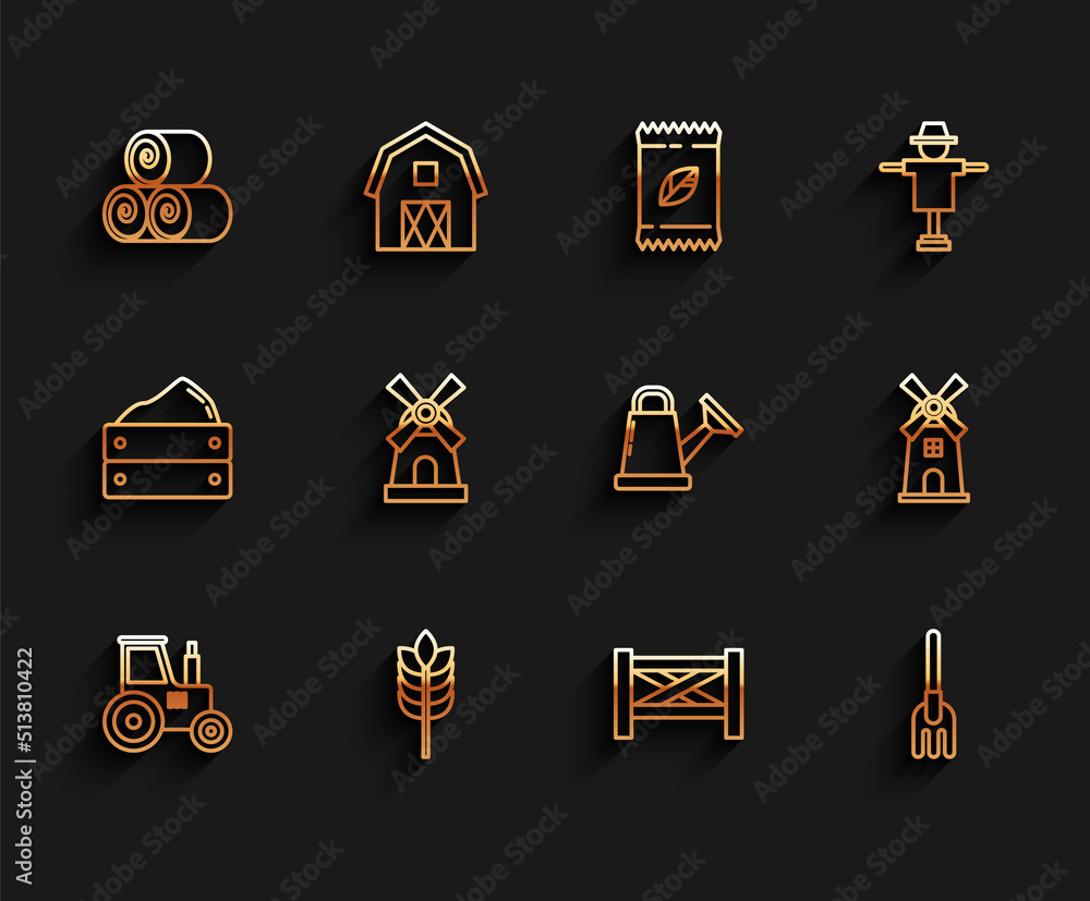 Set line Tractor, Cereals with rice, wheat, corn, oats, rye, Roll of hay, Garden fence wooden, rake, Windmill, and Watering can icon. Vector Set line Tractor, Cereals with rice, wheat, corn, oats, rye, Roll of hay, Garden fence wooden, rake, Windmill, and Watering can icon. Vector